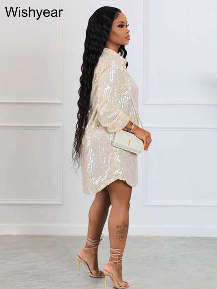 Elegant Evening Party Short Shirt Dress for Women Outfit Luxury Sequin Long Sleeve Spring Fall Birthday Club Dresses Vestidos