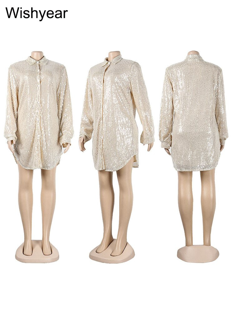 Elegant Evening Party Short Shirt Dress for Women Outfit Luxury Sequin Long Sleeve Spring Fall Birthday Club Dresses Vestidos