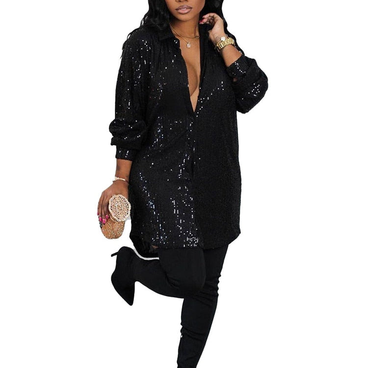 Elegant Evening Party Short Shirt Dress for Women Outfit Luxury Sequin Long Sleeve Spring Fall Birthday Club Dresses Vestidos Black
