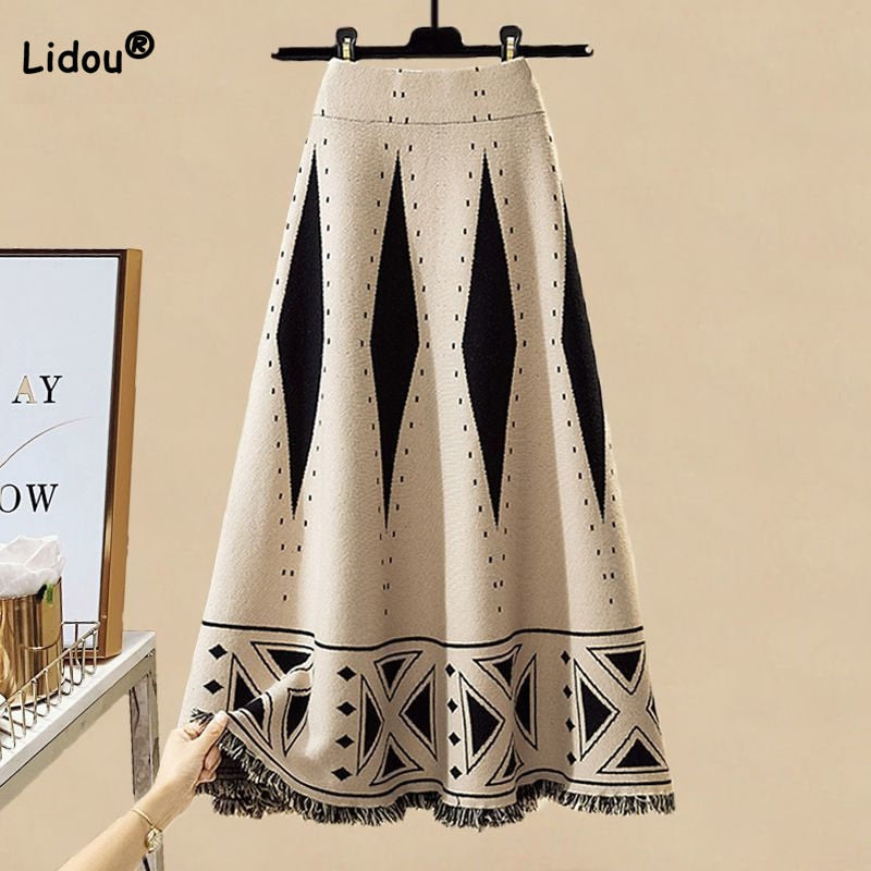 Elegant Fashion High Waist Printed Skirt Women's Clothing Autumn Winter Loose Vintage Temperament Tassel Midi Skirts for Female
