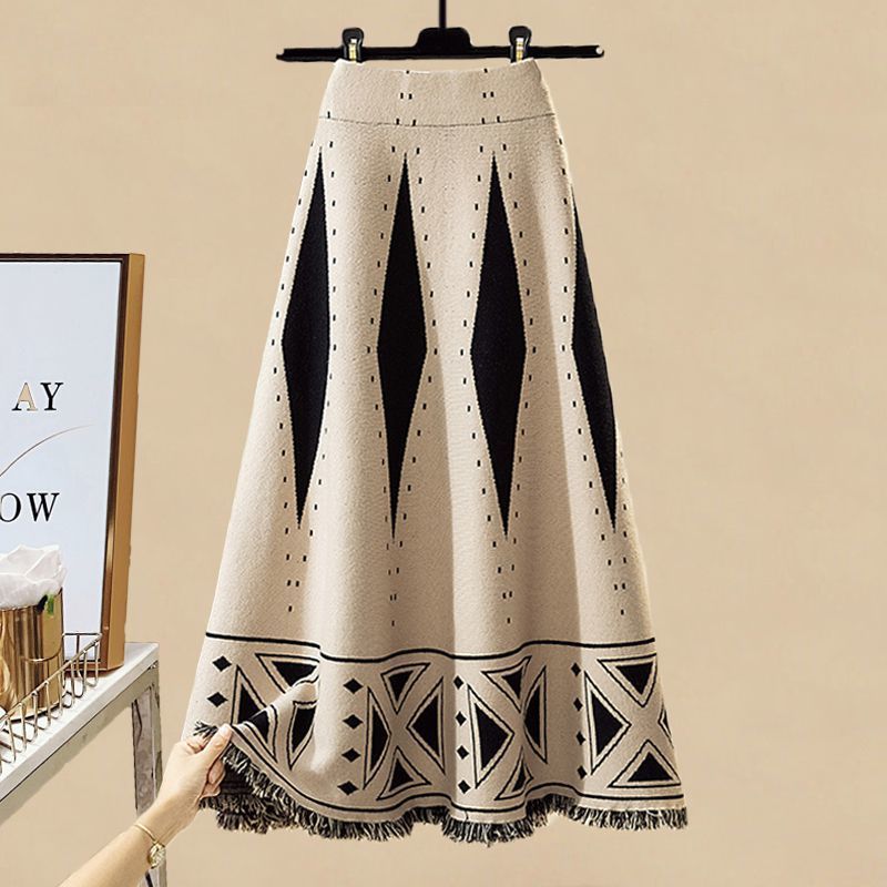 Elegant Fashion High Waist Printed Skirt Women's Clothing Autumn Winter Loose Vintage Temperament Tassel Midi Skirts for Female APRICOT
