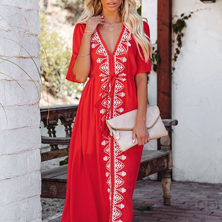 Elegant Flare Sleeve V-Neck High Waist Summer Beach Dress Plus Size Women Street Wear Red Embroidered Midi Dress AMAIO