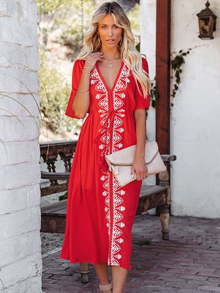 Elegant Flare Sleeve V-Neck High Waist Summer Beach Dress Plus Size Women Street Wear Red Embroidered Midi Dress AMAIO