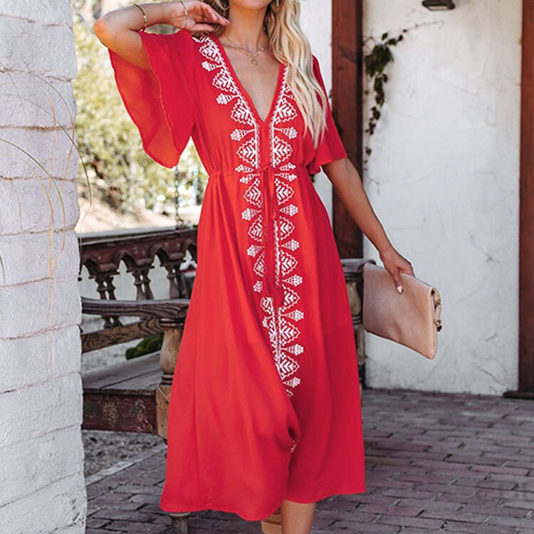 Elegant Flare Sleeve V-Neck High Waist Summer Beach Dress Plus Size Women Street Wear Red Embroidered Midi Dress