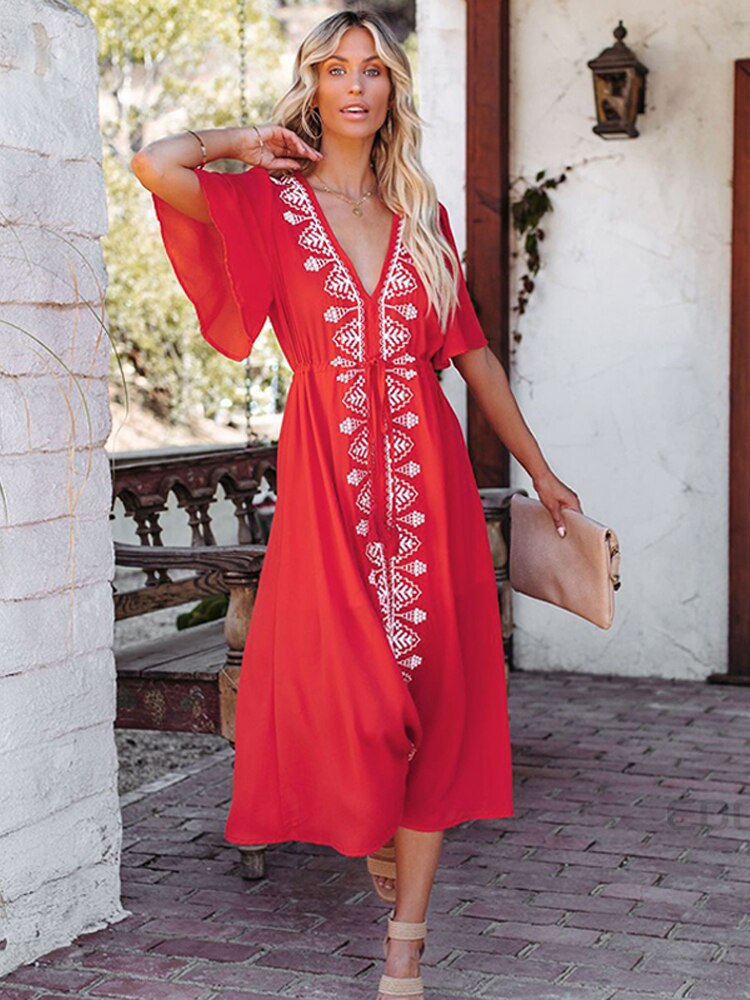 Elegant Flare Sleeve V-Neck High Waist Summer Beach Dress Plus Size Women Street Wear Red Embroidered Midi Dress