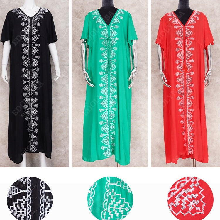 Elegant Flare Sleeve V-Neck High Waist Summer Beach Dress Plus Size Women Street Wear Red Embroidered Midi Dress