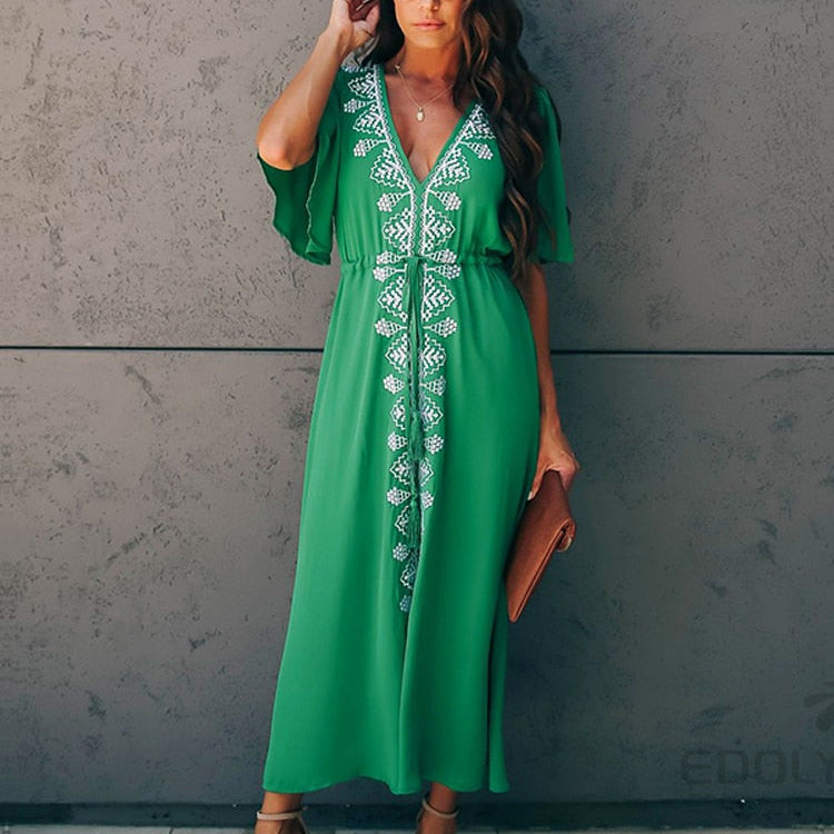 Elegant Flare Sleeve V-Neck High Waist Summer Beach Dress Plus Size Women Street Wear Red Embroidered Midi Dress