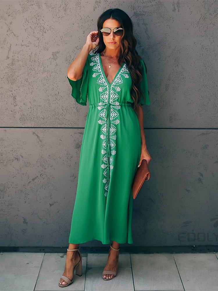 Elegant Flare Sleeve V-Neck High Waist Summer Beach Dress Plus Size Women Street Wear Red Embroidered Midi Dress