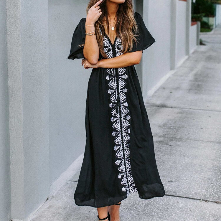 Elegant Flare Sleeve V-Neck High Waist Summer Beach Dress Plus Size Women Street Wear Red Embroidered Midi Dress Black One Size
