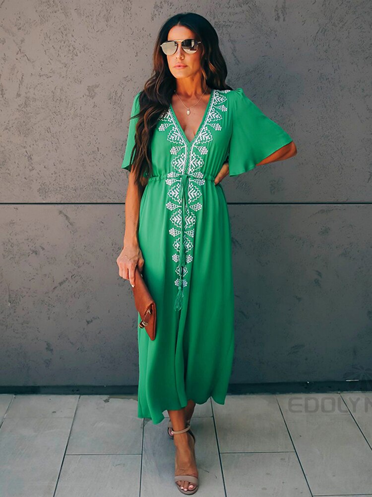 Elegant Flare Sleeve V-Neck High Waist Summer Beach Dress Plus Size Women Street Wear Red Embroidered Midi Dress Green One Size