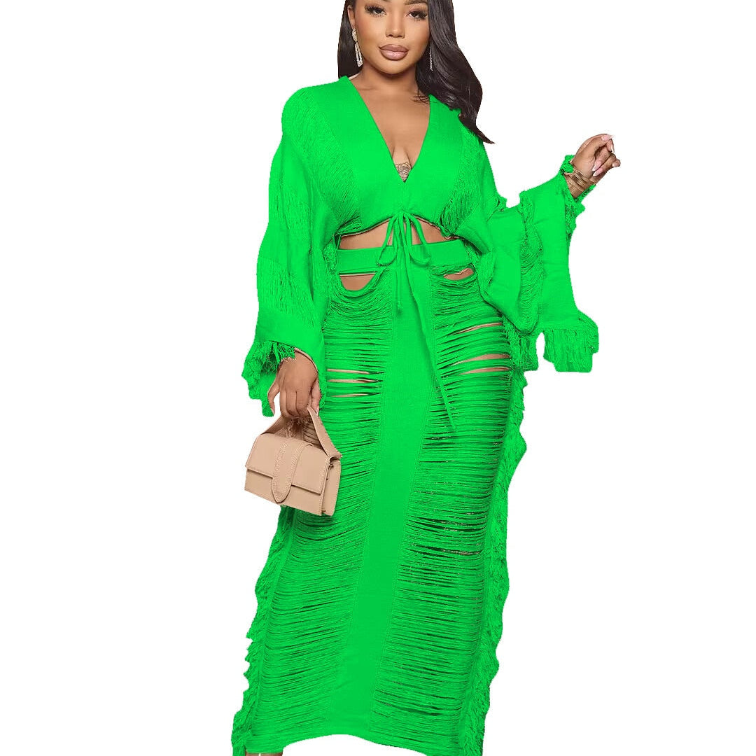 Elegant Hollow Out Hole Tassel 2 Piece Set Women Sexy Lace Up V Neck Crop Top + Long Skirts Skinny Club Party Beach Outfits 2024 green set