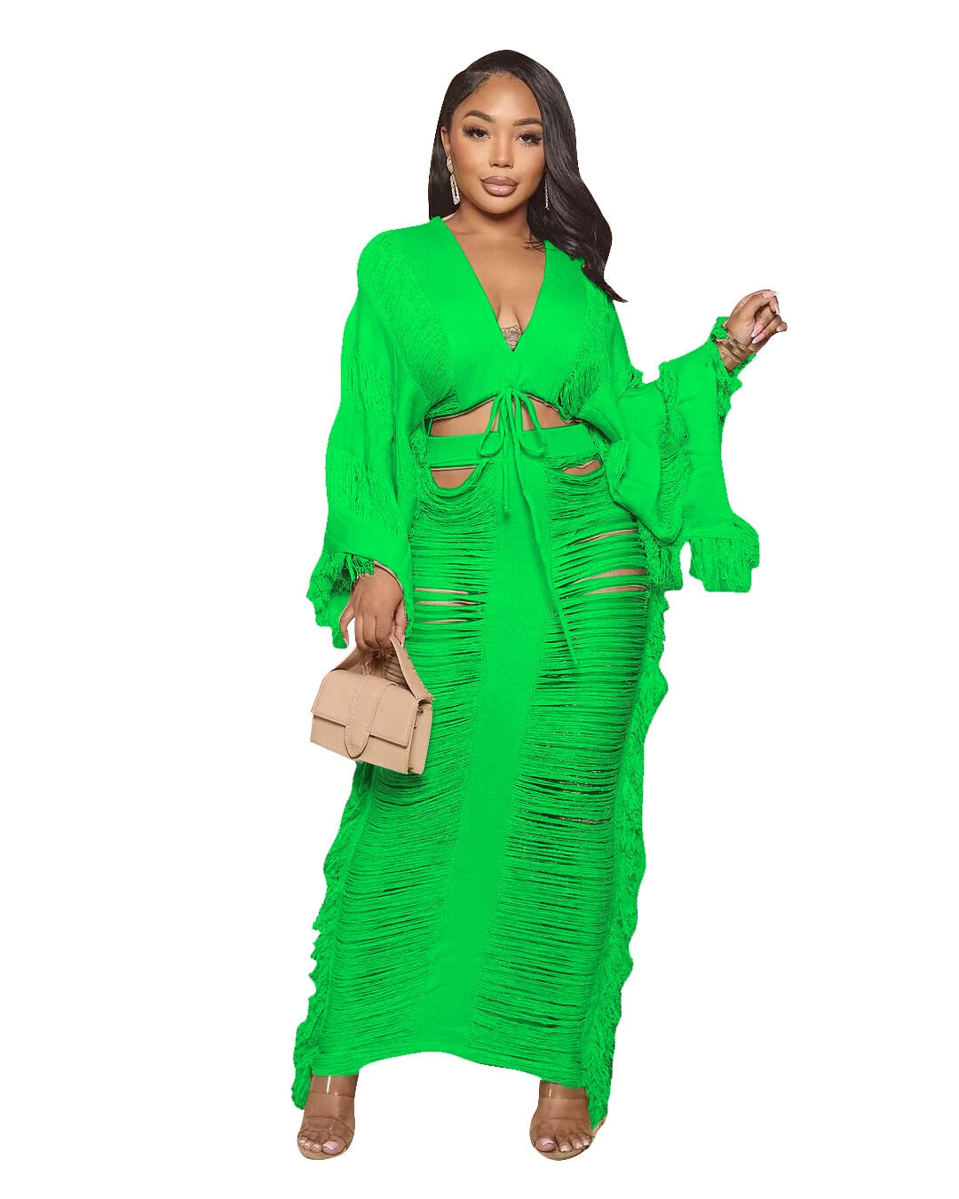 Elegant Hollow Out Hole Tassel 2 Piece Set Women Sexy Lace Up V Neck Crop Top + Long Skirts Skinny Club Party Beach Outfits 2024 green set