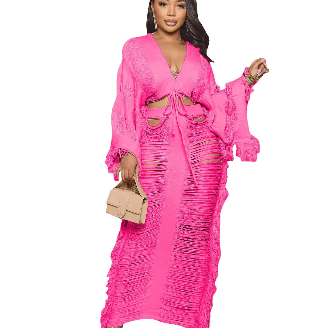 Elegant Hollow Out Hole Tassel 2 Piece Set Women Sexy Lace Up V Neck Crop Top + Long Skirts Skinny Club Party Beach Outfits 2024 fuchsia set