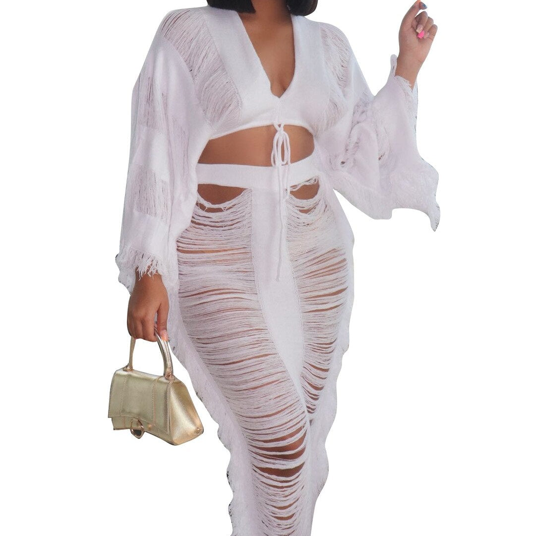 Elegant Hollow Out Hole Tassel 2 Piece Set Women Sexy Lace Up V Neck Crop Top + Long Skirts Skinny Club Party Beach Outfits 2024 white set