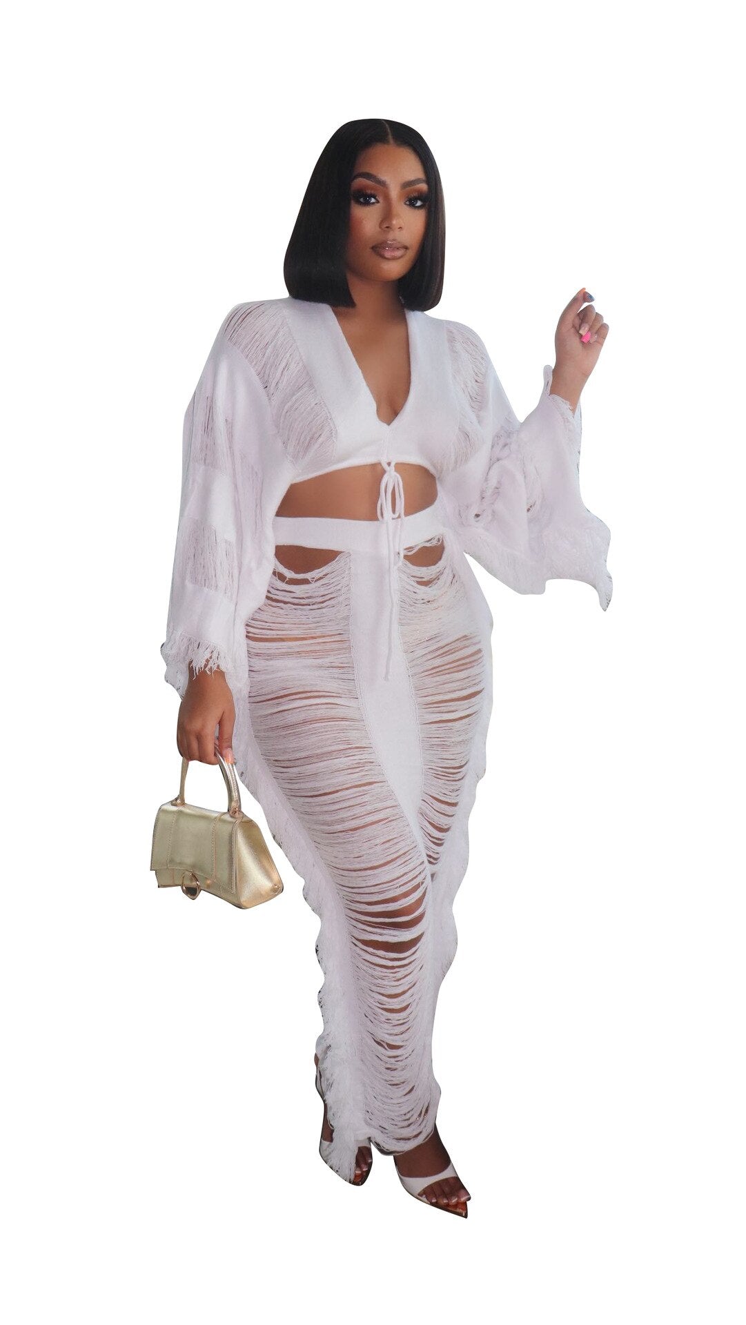 Elegant Hollow Out Hole Tassel 2 Piece Set Women Sexy Lace Up V Neck Crop Top + Long Skirts Skinny Club Party Beach Outfits 2024 white set