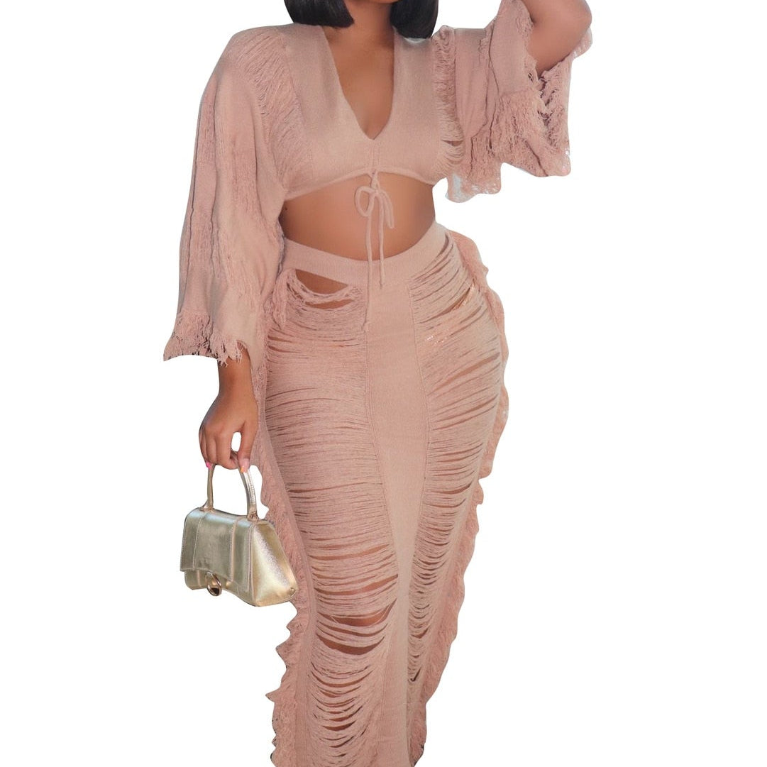Elegant Hollow Out Hole Tassel 2 Piece Set Women Sexy Lace Up V Neck Crop Top + Long Skirts Skinny Club Party Beach Outfits 2024 apricot set