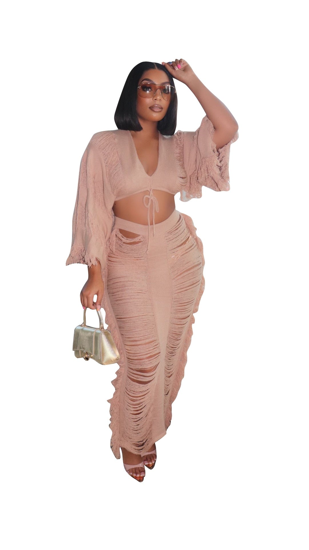 Elegant Hollow Out Hole Tassel 2 Piece Set Women Sexy Lace Up V Neck Crop Top + Long Skirts Skinny Club Party Beach Outfits 2024 apricot set