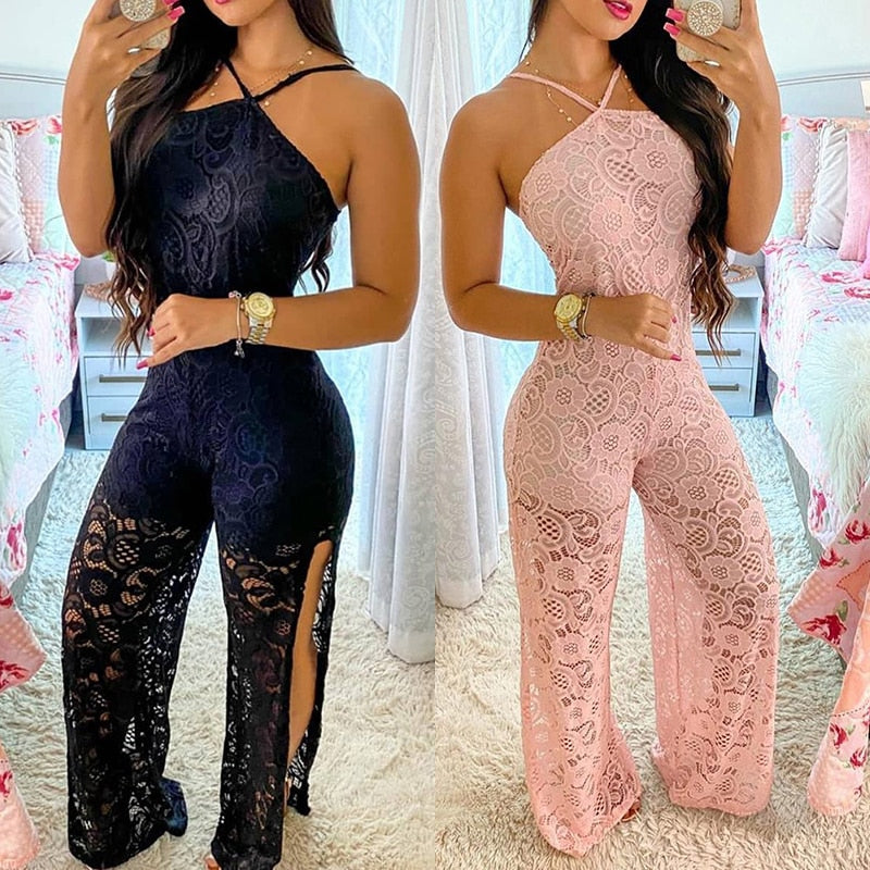 Elegant Jumpsuit Women 2022 Summer Halter Sleeveless Crochet Lace High Slit See Through Holiday Long Sexy Long One Piece Suits AMAIO