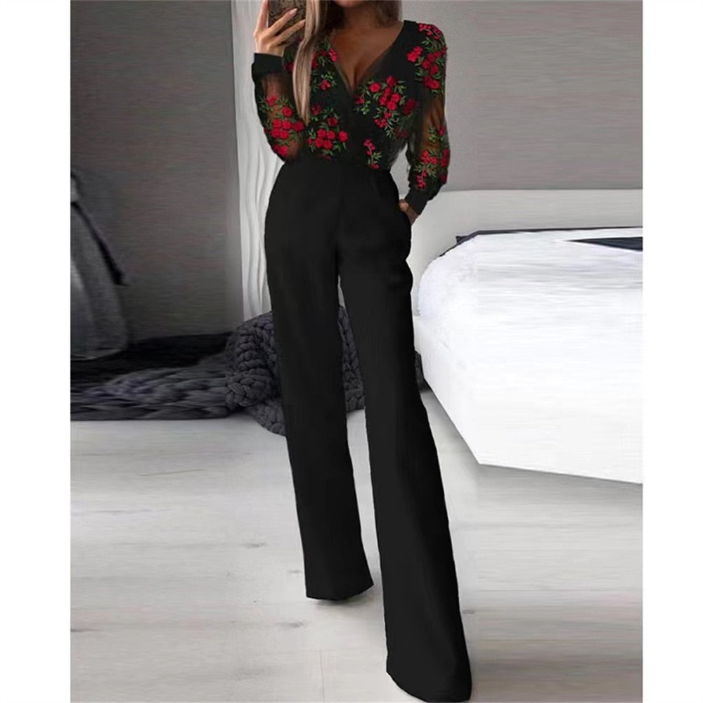 Elegant Jumpsuit Women 2024 Casual V Neck Mesh Hollow Embroidery Long Sleeve Overalls Female Slim Office Party Jumpsuit