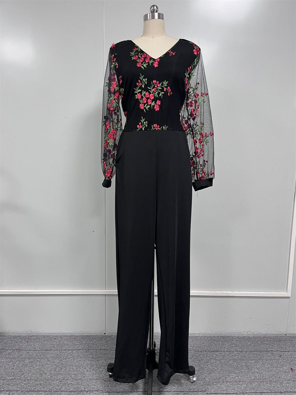 Elegant Jumpsuit Women 2024 Casual V Neck Mesh Hollow Embroidery Long Sleeve Overalls Female Slim Office Party Jumpsuit