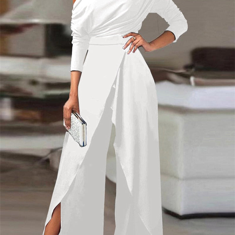 Elegant Jumpsuits for Women 2024 Spring New Plain Elegant Office Lady Loose Ruched Cold Shoulder Split Hem Wide Leg Jumpsuit White