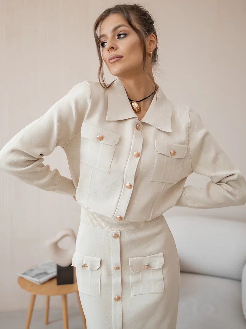 Elegant Knit Blazer Skirt Set Women Black White Brown 2 Piece Matching Set Autumn Winter Vintage Knitted Two Piece Women Sets White One Size