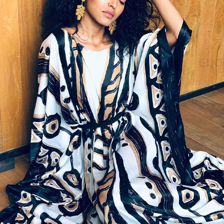 Elegant Long Kaftan Printed V-neck Batwing Sleeve Street Wear Loose Maxi Dress Women Plus Size Bat sleeve Party Dress