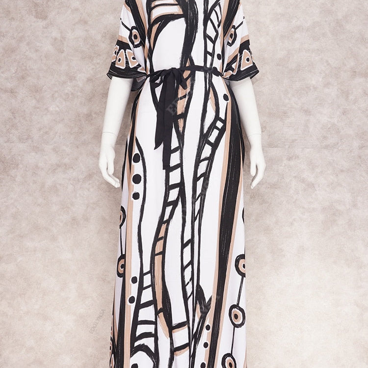 Elegant Long Kaftan Printed V-neck Batwing Sleeve Street Wear Loose Maxi Dress Women Plus Size Bat sleeve Party Dress