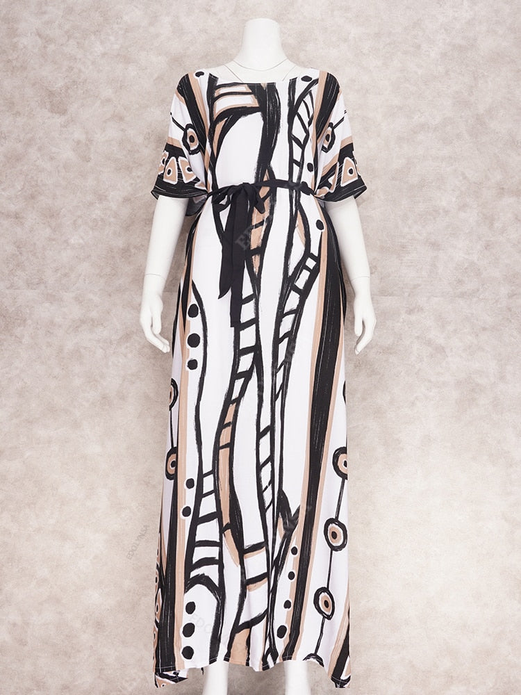 Elegant Long Kaftan Printed V-neck Batwing Sleeve Street Wear Loose Maxi Dress Women Plus Size Bat sleeve Party Dress