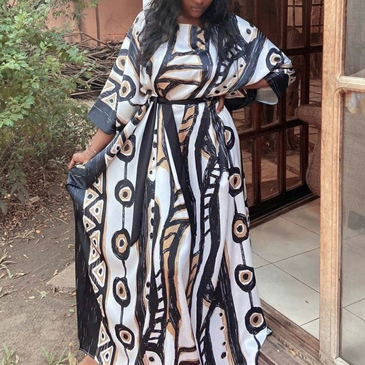 Elegant Long Kaftan Printed V-neck Batwing Sleeve Street Wear Loose Maxi Dress Women Plus Size Bat sleeve Party Dress AMAIO