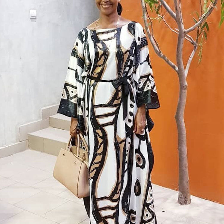 Elegant Long Kaftan Printed V-neck Batwing Sleeve Street Wear Loose Maxi Dress Women Plus Size Bat sleeve Party Dress