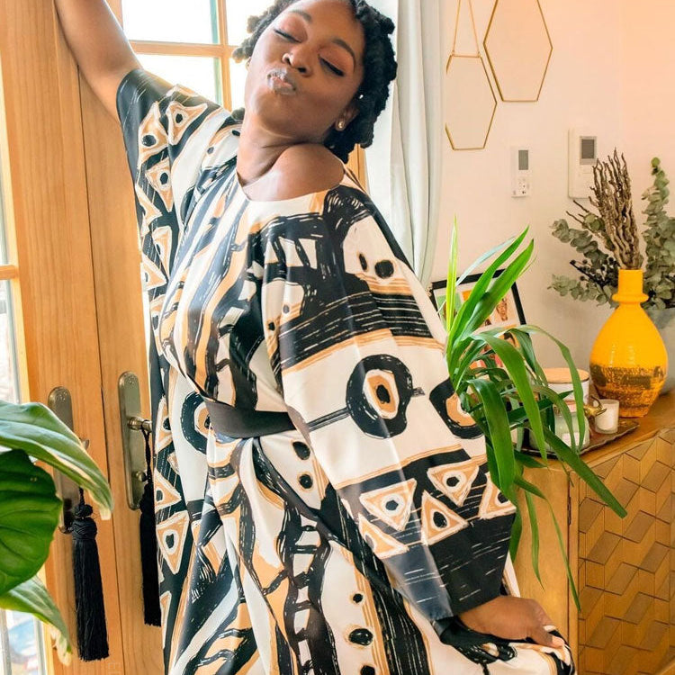 Elegant Long Kaftan Printed V-neck Batwing Sleeve Street Wear Loose Maxi Dress Women Plus Size Bat sleeve Party Dress