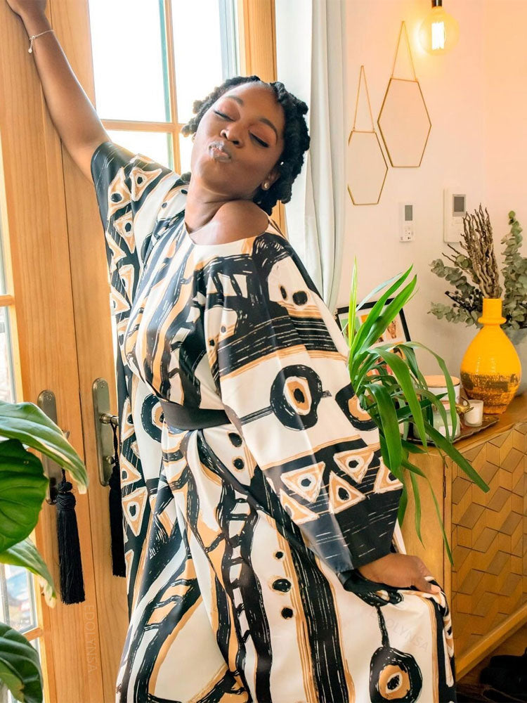 Elegant Long Kaftan Printed V-neck Batwing Sleeve Street Wear Loose Maxi Dress Women Plus Size Bat sleeve Party Dress
