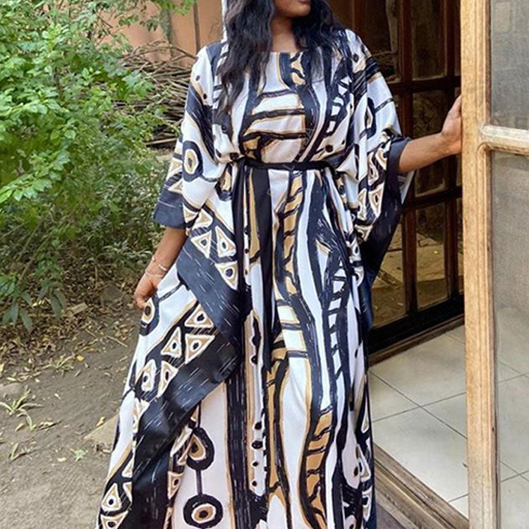 Elegant Long Kaftan Printed V-neck Batwing Sleeve Street Wear Loose Maxi Dress Women Plus Size Bat sleeve Party Dress