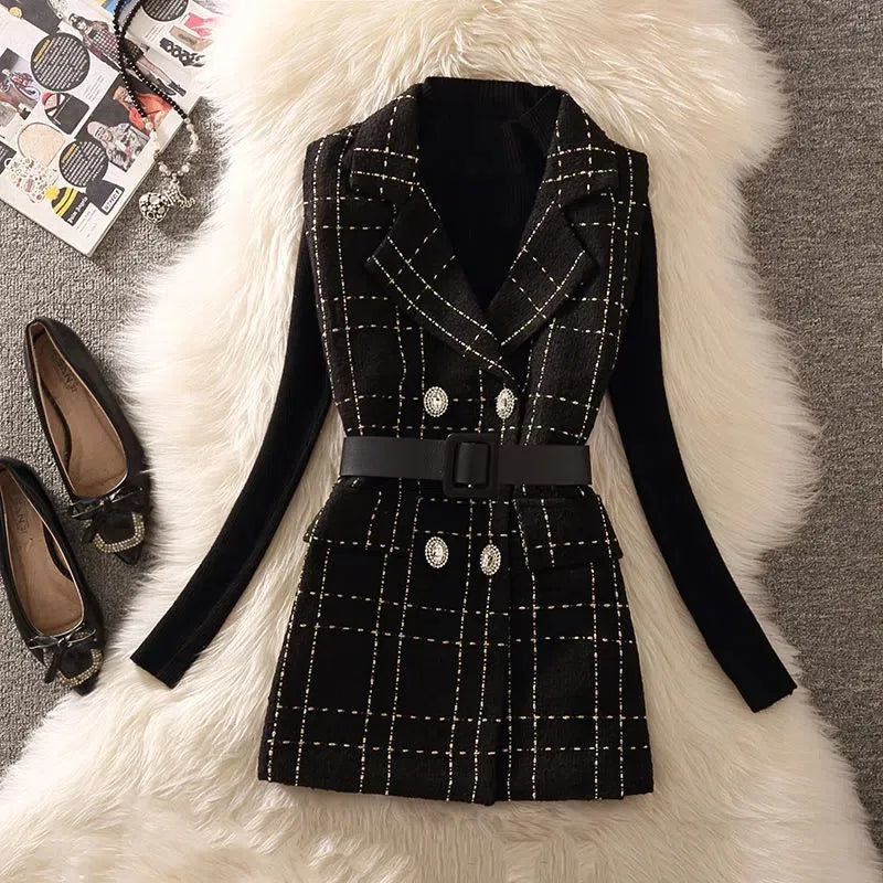 Elegant Luxury Plaid Tweed 3 Piece Sets Women Korean Shorts Suit Vintage Mid-Length Vest Jacket With Belt + Pants + Knit Sweater sweater and vest