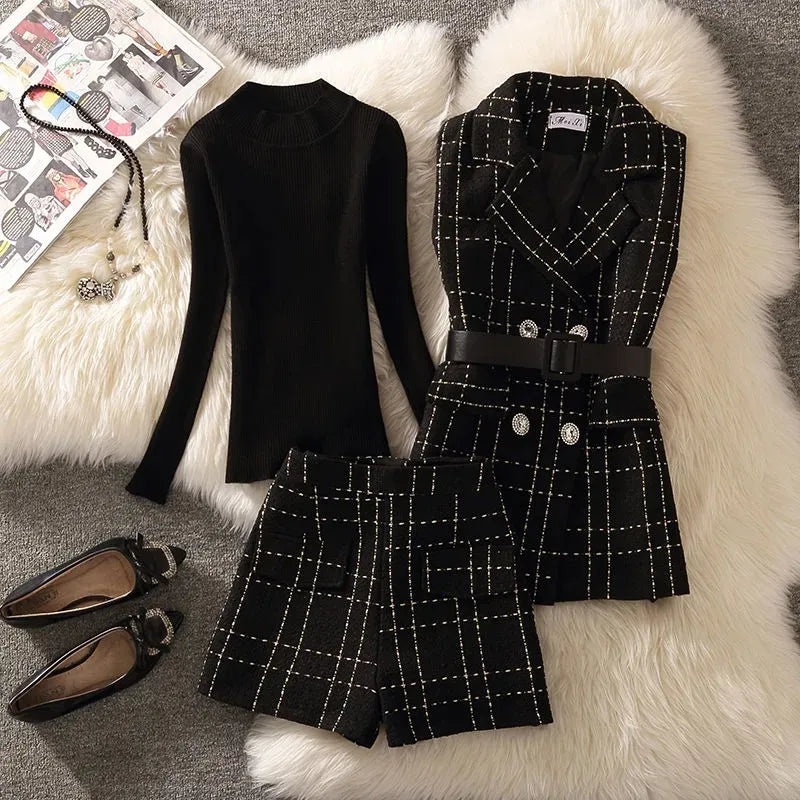 Elegant Luxury Plaid Tweed 3 Piece Sets Women Korean Shorts Suit Vintage Mid-Length Vest Jacket With Belt + Pants + Knit Sweater black 3 piece