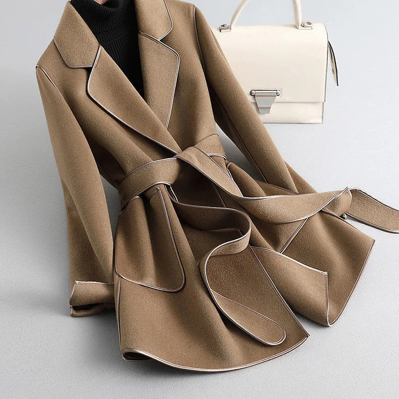 Elegant Midi Lace-up Women Wool & Blends Coats Fashion Female Classic Outwear Cardigan Autumn Winter Woolen Lady Pocket Overcoat flaxen