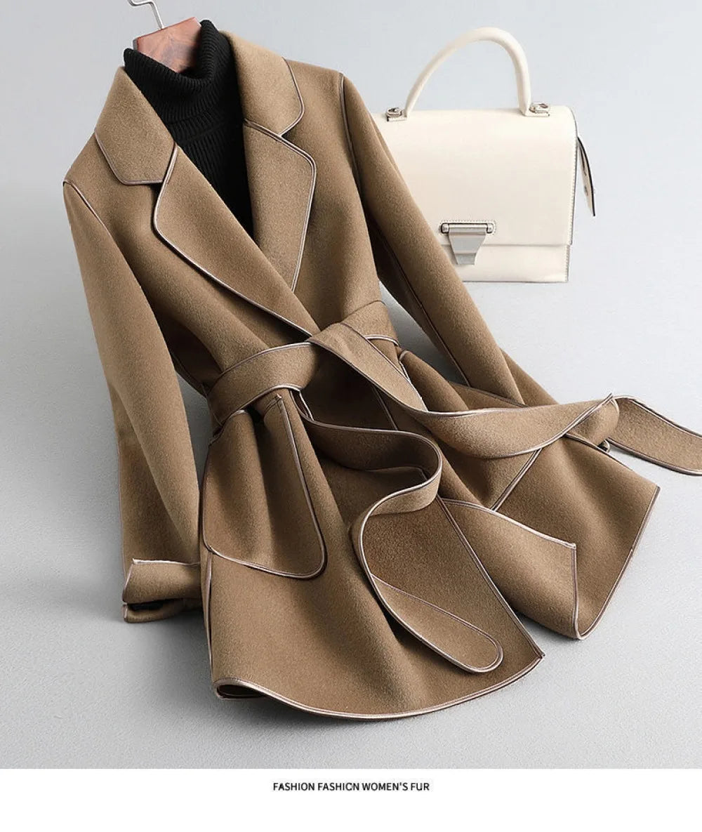 Elegant Midi Lace-up Women Wool & Blends Coats Fashion Female Classic Outwear Cardigan Autumn Winter Woolen Lady Pocket Overcoat