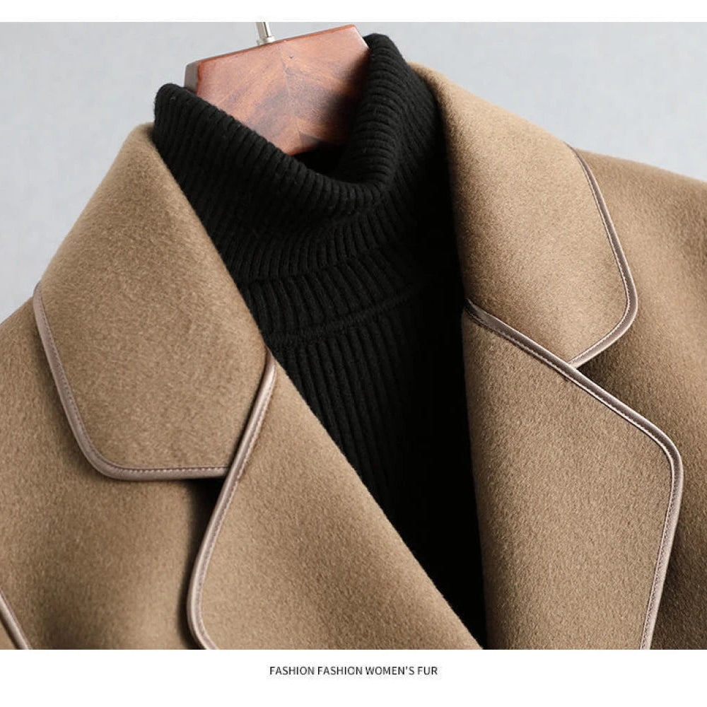 Elegant Midi Lace-up Women Wool & Blends Coats Fashion Female Classic Outwear Cardigan Autumn Winter Woolen Lady Pocket Overcoat