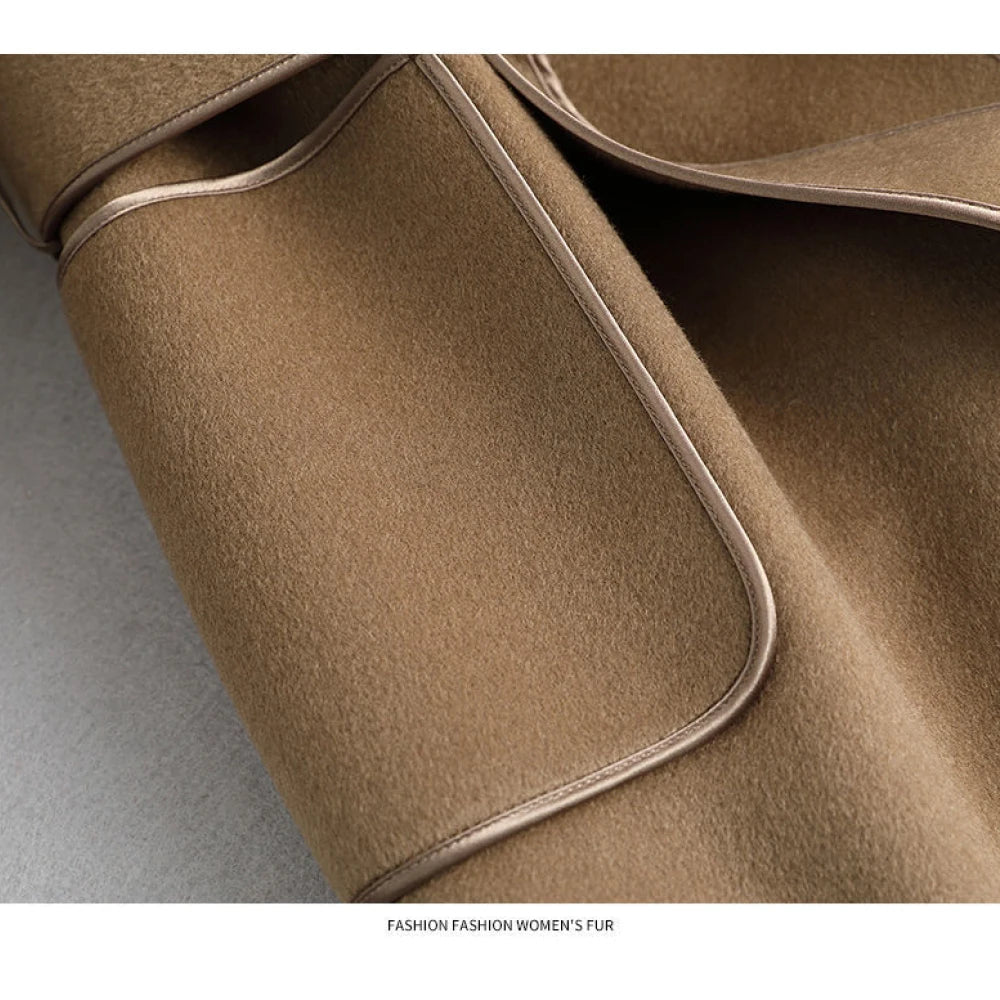 Elegant Midi Lace-up Women Wool & Blends Coats Fashion Female Classic Outwear Cardigan Autumn Winter Woolen Lady Pocket Overcoat