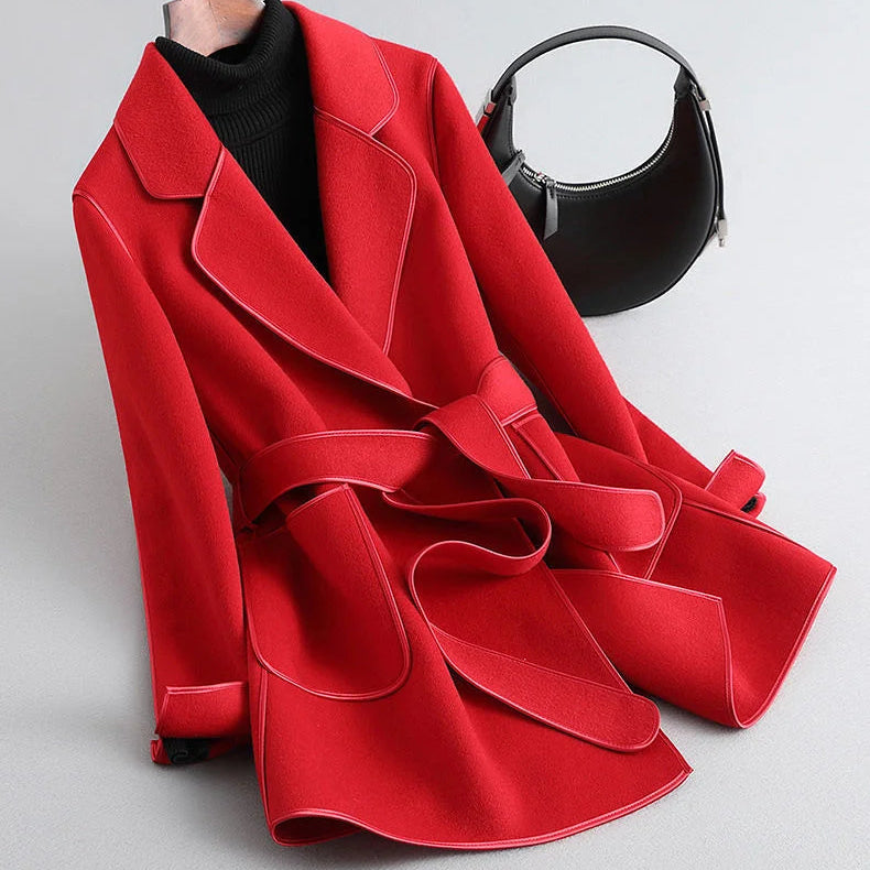 Elegant Midi Lace-up Women Wool & Blends Coats Fashion Female Classic Outwear Cardigan Autumn Winter Woolen Lady Pocket Overcoat Red