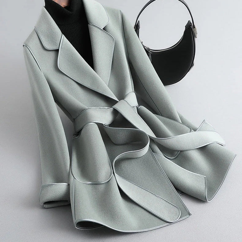 Elegant Midi Lace-up Women Wool & Blends Coats Fashion Female Classic Outwear Cardigan Autumn Winter Woolen Lady Pocket Overcoat light green