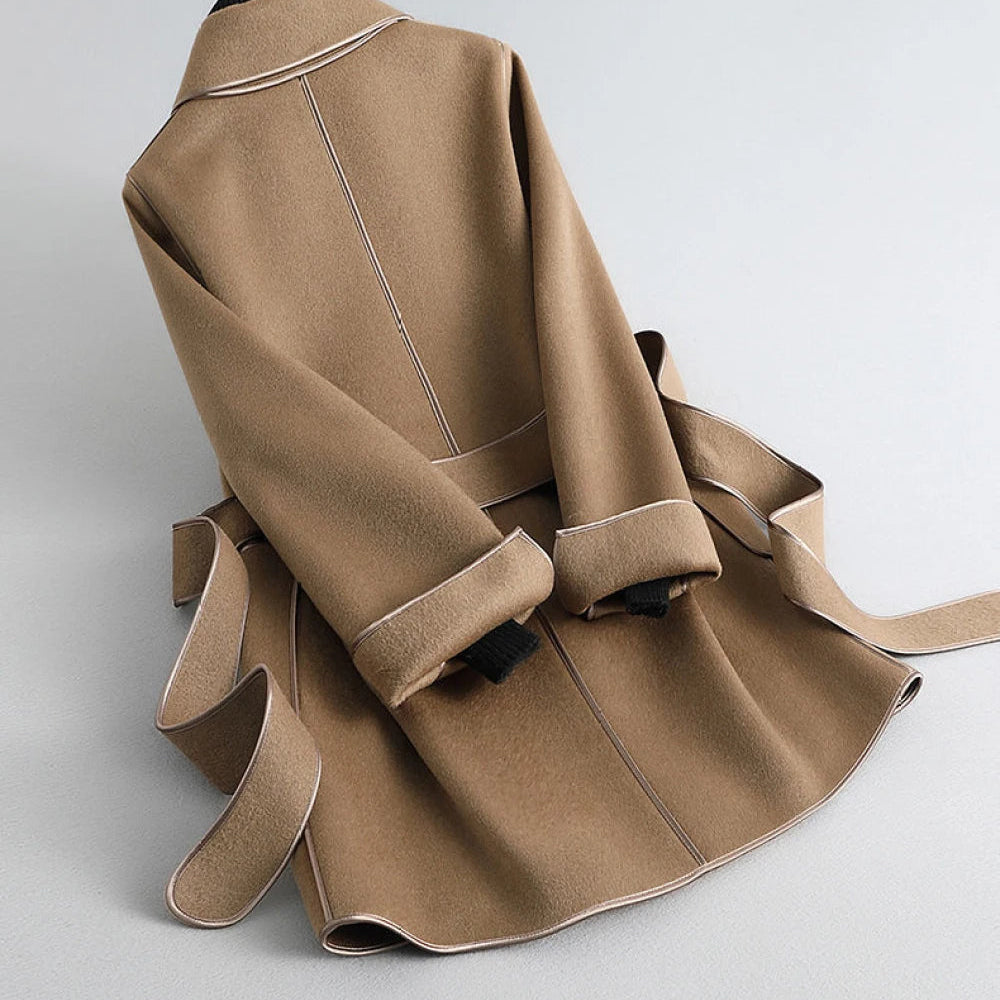 Elegant Midi Lace-up Women Wool & Blends Coats Fashion Female Classic Outwear Cardigan Autumn Winter Woolen Lady Pocket Overcoat