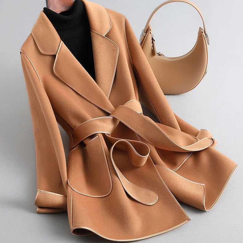 Elegant Midi Lace-up Women Wool & Blends Coats Fashion Female Classic Outwear Cardigan Autumn Winter Woolen Lady Pocket Overcoat golden camel color