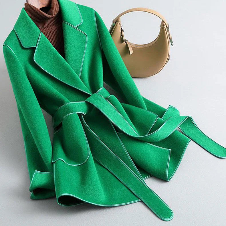 Elegant Midi Lace-up Women Wool & Blends Coats Fashion Female Classic Outwear Cardigan Autumn Winter Woolen Lady Pocket Overcoat fruit green