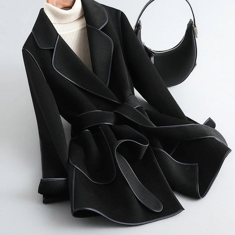 Elegant Midi Lace-up Women Wool & Blends Coats Fashion Female Classic Outwear Cardigan Autumn Winter Woolen Lady Pocket Overcoat black