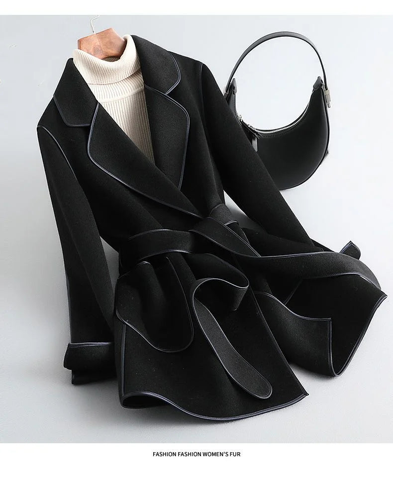 Elegant Midi Lace-up Women Wool & Blends Coats Fashion Female Classic Outwear Cardigan Autumn Winter Woolen Lady Pocket Overcoat black