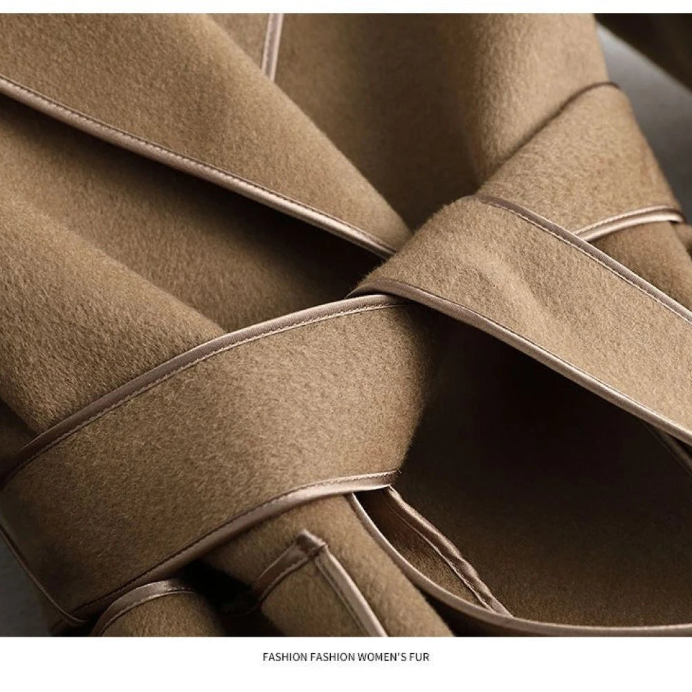 Elegant Midi Lace-up Women Wool & Blends Coats Fashion Female Classic Outwear Cardigan Autumn Winter Woolen Lady Pocket Overcoat