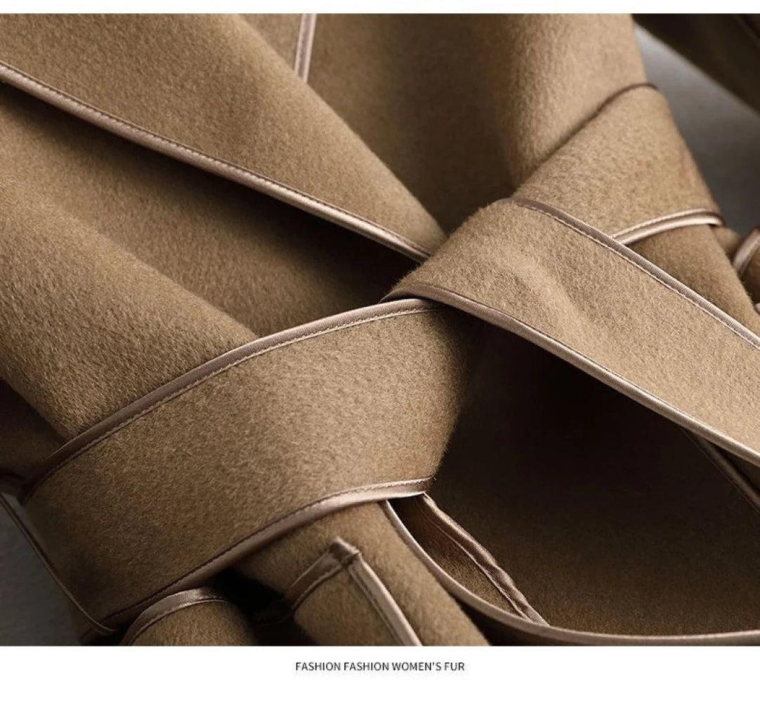 Elegant Midi Lace-up Women Wool & Blends Coats Fashion Female Classic Outwear Cardigan Autumn Winter Woolen Lady Pocket Overcoat