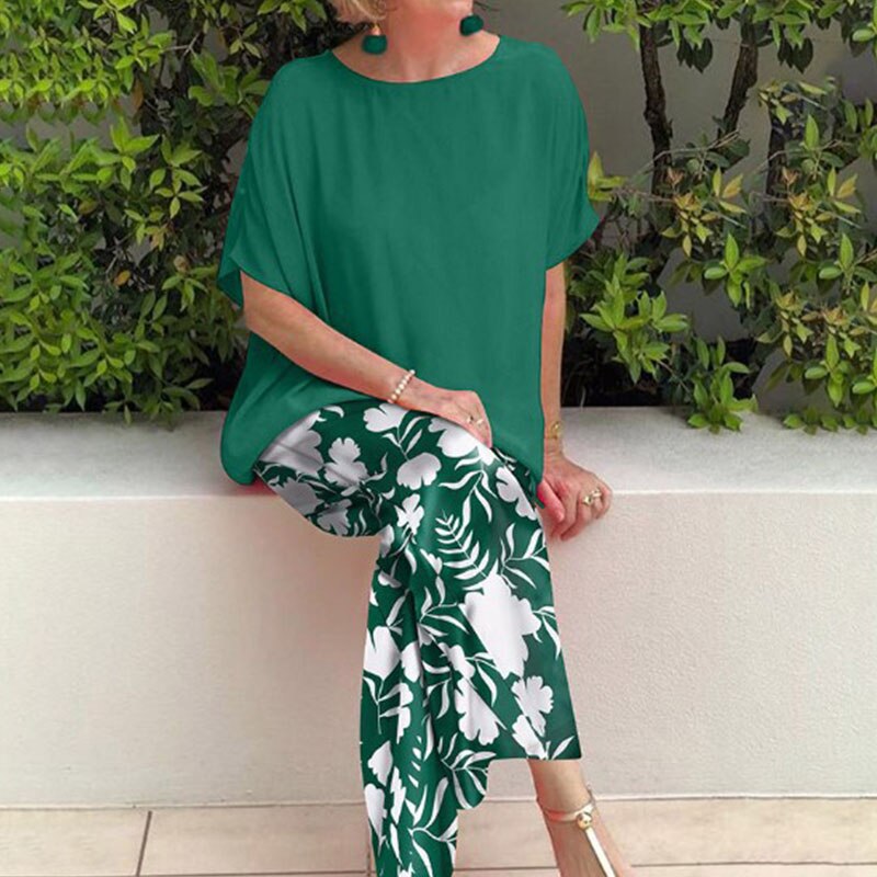 Elegant O-neck Short Sleeved Top With Print Long Pants Suit New Loose Homewear Outfit Summer Casual Streetwear